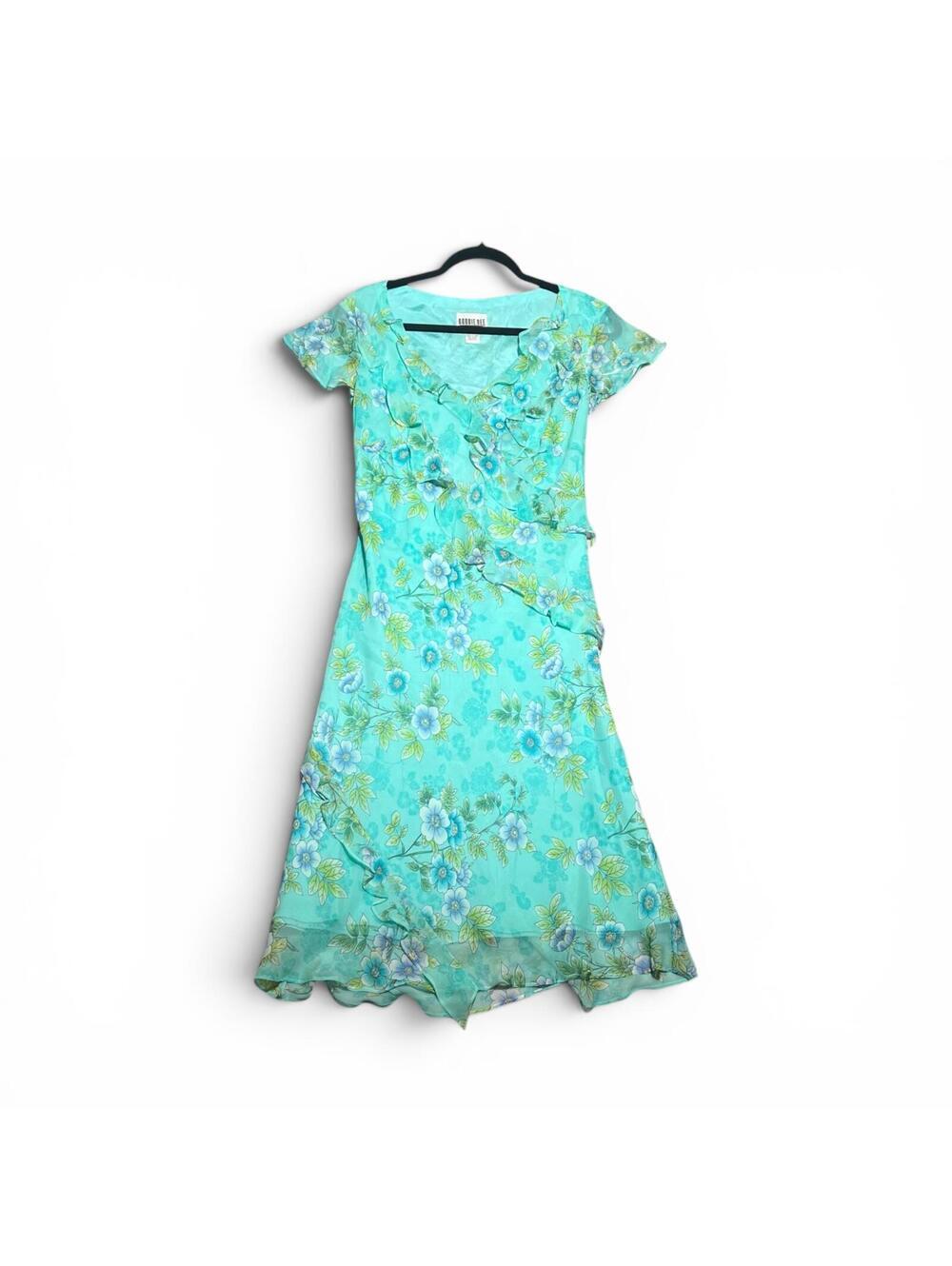 Vintage 90s Silk Floral Robbie Bee Turquoise Midi Ruffle Dress